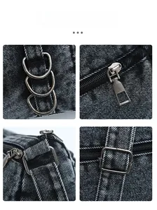 Detail of grey denim bag showing metal D-rings, zipper quality, and precision stitching