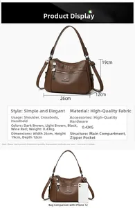 Detailed size chart of the large capacity leather shoulder bag with dimensions and weight