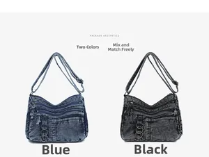 Detail view of denim crossbody bags in blue and black colors with multi-pocket design