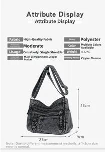 Detail view of denim shoulder bag dimensions showing 27cm width and 18cm height specs