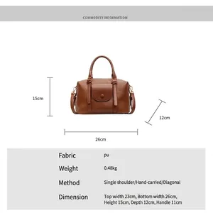 Brown vintage PU leather handbag with dual handles and crossbody strap, size 26x15x12cm