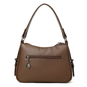 Dark brown faux leather handbag with lychee texture and functional back zipper