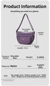 Detaillierte Größenangaben und Multi-Pocket-Layout der lila Nylon-Umhängetasche