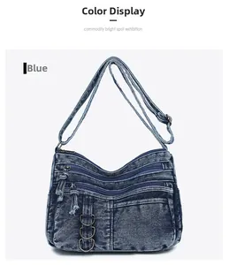 Close-up detail of blue denim shoulder bag with multi-zipper pockets and D-rings