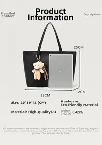Detailed size specifications for large black PU leather tote bag with dimensions shown