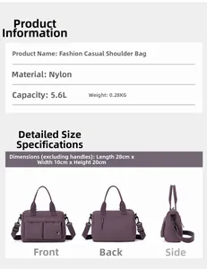 Detailed size and specs of the purple nylon shoulder bag showing multiple view angles