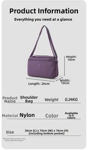 Detaillierte Maße und Gewichtstabelle für die leichte lila Umhängetasche aus Nylon
