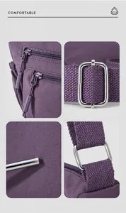Detailaufnahme der lila Nylontasche mit Doppel-Reißverschluss und silberner Metallschnalle