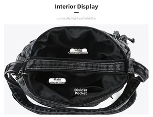 Detail view of denim shoulder bag interior showing dual main pockets and small compartment