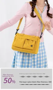 Detailed close-up showing high-density 40D nylon fabric fibers of this large yellow crossbody bag
