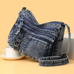 Vintage Denim Crossbody Bag For Women Large Capacity Washed Multi-pocket Casual Shoulder Bag Retro Messenger Bag Streetwear