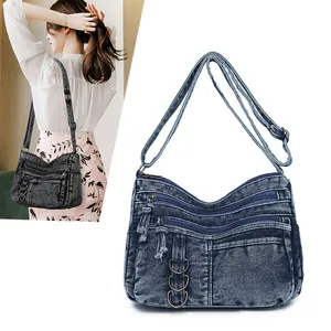 Retro denim shoulder bag with multi-pockets and adjustable strap for women