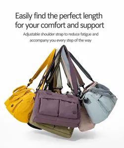 Detailed view of lightweight nylon crossbody bags in multiple colors with adjustable straps