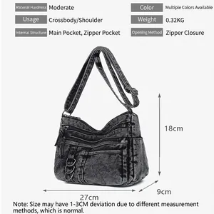 Retro denim shoulder bag with multi-zipper pockets, 27cm size for travel and commute