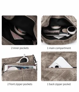 Detailed view of dark brown bucket bag showing multi-pocket storage and large capacity