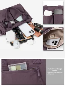 Detailed view of spacious nylon tote with multiple compartments and anti-theft back pocket