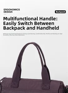 Detail view of the reinforced purple nylon bag handle with heavy-duty stitching and wide grip