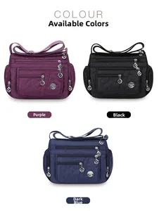 Three nylon crossbody bags in purple, black, and dark blue with multi-pocket design