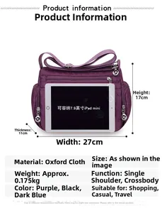 Detailed Oxford cloth crossbody bag dimensions 27x17x11cm with iPad mini comparison
