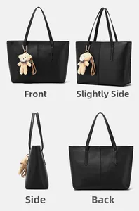 Collage of black leather tote bag with bear charm showing front, side and back views