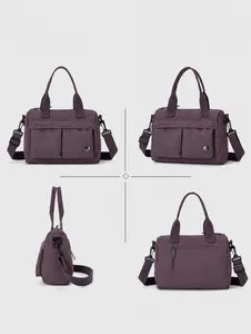 Four views of purple nylon crossbody bag showing front, side, and back zippered pocket