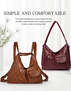 Detail view of versatile brown and burgundy leather bags with multi-zipper pockets