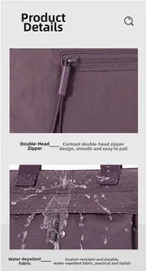 Detail of dual-head zippers and waterproof nylon fabric on purple shoulder bag