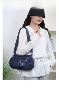 Detail of navy nylon crossbody bag with quilted pattern and multi-pocket zipper closure