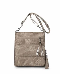 Detail of vintage khaki bucket bag featuring dual zipper pockets and long tassel charms