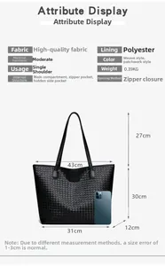 Size guide for black woven tote bag showing dimensions and interior pocket structure