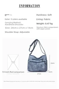 Spécifications de taille du sac à bandoulière en similicuir bleu avec texture denim