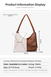 Detailed view of brown retro PU crossbody bag dimensions with A4 size comparison