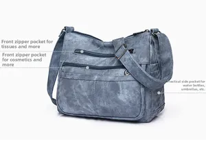 Détail du sac à bandoulière en denim avec rangement multi-poches et poches avant zippées