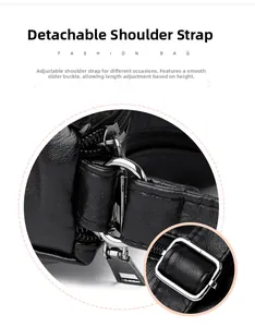 Détail de la boucle métallique réglable et de la bandoulière amovible du sac en cuir noir