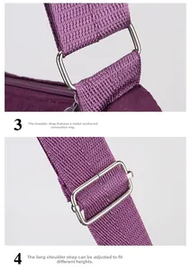Detail of adjustable purple nylon shoulder strap with polished silver metal buckles
