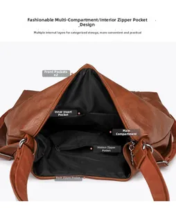 Detailed interior view of a brown tote bag featuring multi-pocket functional organization