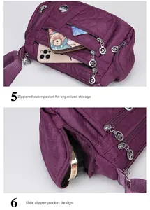 Detail of purple quilted nylon crossbody bag with multi-zipper pockets and large capacity