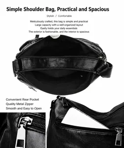 Detailansicht der schwarzen PU-Leder Tasche mit vielen Fächern und praktischer Rückentasche