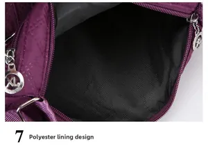 Detail of purple nylon bag featuring polyester lining and quilted diamond pattern