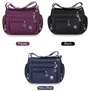 Women's multi-pocket quilted nylon crossbody bags in purple, black, and navy blue options