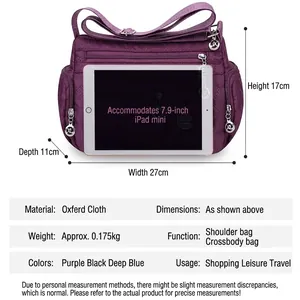 Purple waterproof Oxford cloth crossbody bag for women with multi-pocket and lightweight design