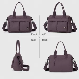 Deep purple multi-pocket nylon shoulder bag shown from front, side and back views
