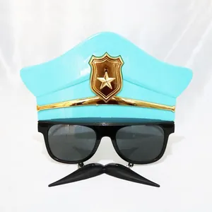 Funny police themed party glasses with blue hat, black sunglasses and mustache accessory
