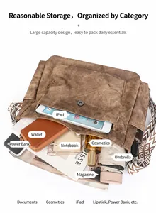 Top view of large capacity vintage shoulder bag showing storage for iPad and essentials