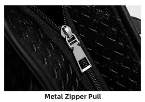 Macro detail of high-quality metal zipper and black woven leather texture on tote bag