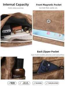 Detail view of the brown soft PU bag showing main compartment, magnetic and zipper pockets