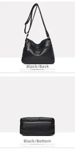 Détail du sac bandoulière en cuir PU noir montrant la poche arrière et la base solide