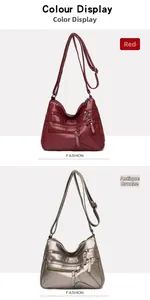 Détail des poches zippées sur les sacs à bandoulière en cuir souple rouge et bronze
