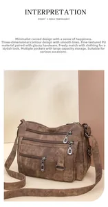 Detail of dark brown PU leather bag with multi-layer zipper pockets and silver hardware