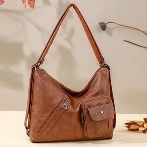 Women Retro Large Capacity Shoulder Bag Multi Pocket PU Leather Crossbody Bag Vintage Commuting Tote Bag Multi Functional Purse